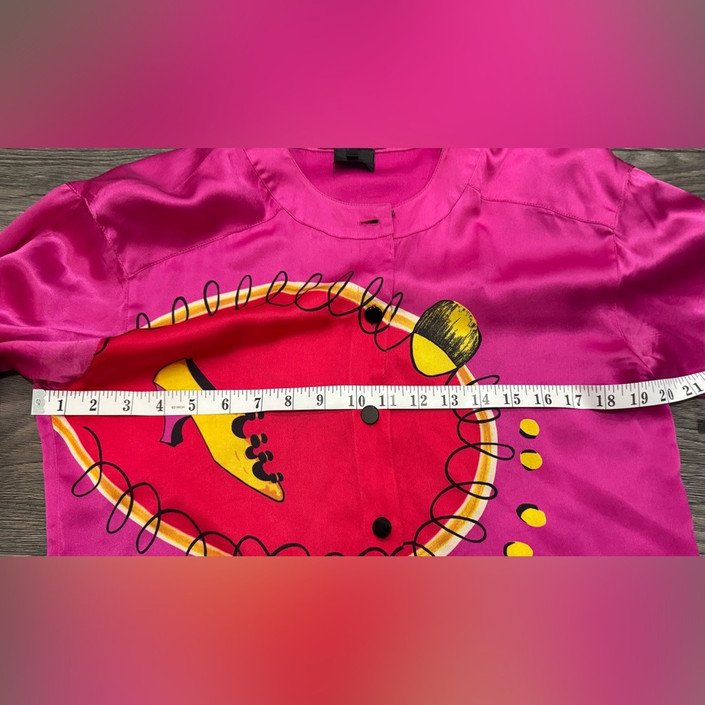 Vntg Escada 💯 silk blouse fuschia shoe star moon abstract retro party office M - Picture 6 of 8